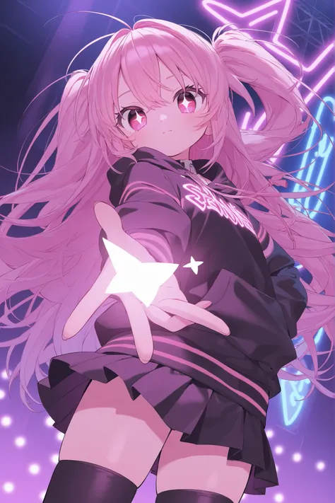 Highest Quality、8k、very detailed CG、DYNAMIC ANGLE、DYNAMIC ANGLE、cowboy shot with your arm through your sleeve、Nightclub with sparkling neon lights、standing、Beautiful sisters、 twins 、2 cute twin girls、Smiling and expressionless、cute accessory、hoodie、seduce ...