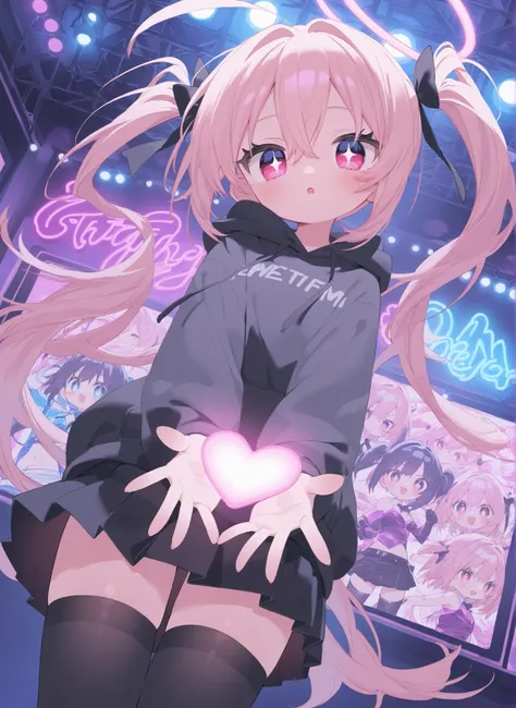 Highest Quality、8k、very detailed CG、DYNAMIC ANGLE、DYNAMIC ANGLE、cowboy shot with your arm through your sleeve、Nightclub with sparkling neon lights、interior、standing、Beautiful sisters、 twins 、2 cute twin girls、Contrasting facial expressions and personalitie...
