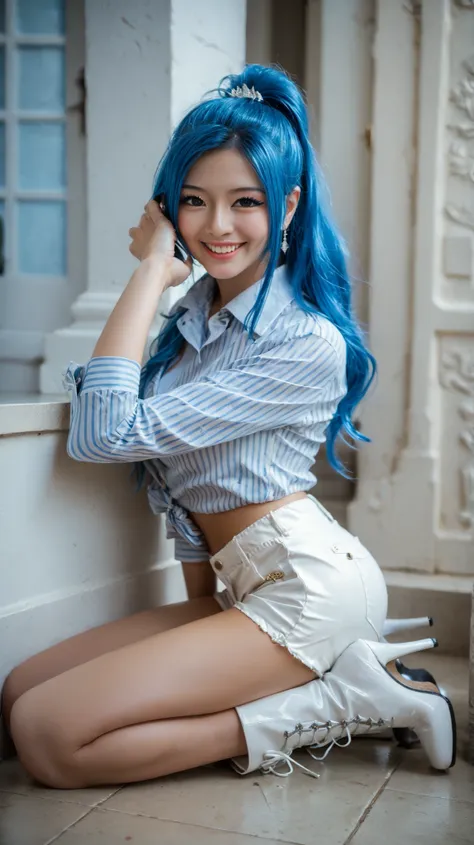 masterpiece, best quality, high quality, highres, high res, absurdres, ultra-detailed, best anatomy, detailed eyes, perfect eyes, Kneeling and mimicking petting an imaginary pet, smile,
vivi_pre, long hair, solo, 1girl, shirt, blue hair, ponytail, (white h...