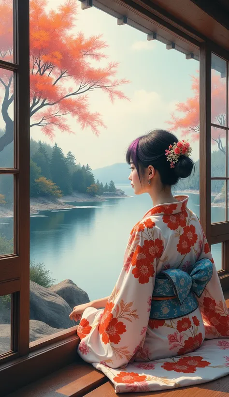 high resolution images 、 Oil ( 美しい 目 detailsなdetails、 detailsを見てください, multi-colored hair) 、Kimono that looks like a yukata 、 Woman looking at the lake outside the window 、 high resolution images 、 The Beauty of Kimonos 、 顔の details 、 masterpiece 、 Highes...