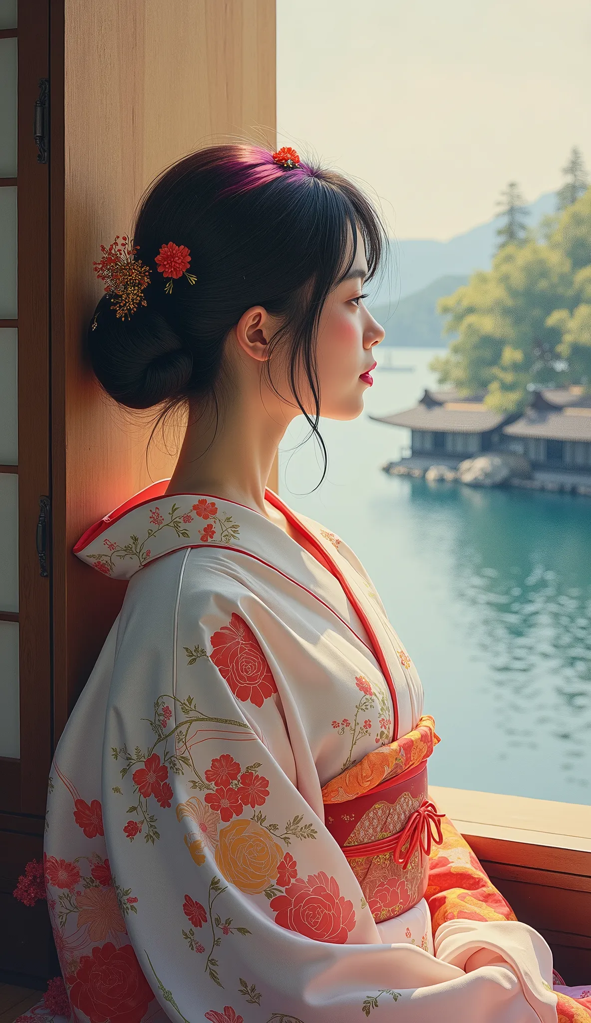 high resolution images 、 Oil ( 美しい 目 detailsなdetails、 detailsを見てください, multi-colored hair) 、Kimono that looks like a yukata 、 Woman looking at the lake outside the window 、 high resolution images 、 The Beauty of Kimonos 、 顔の details 、 masterpiece 、 Highes...