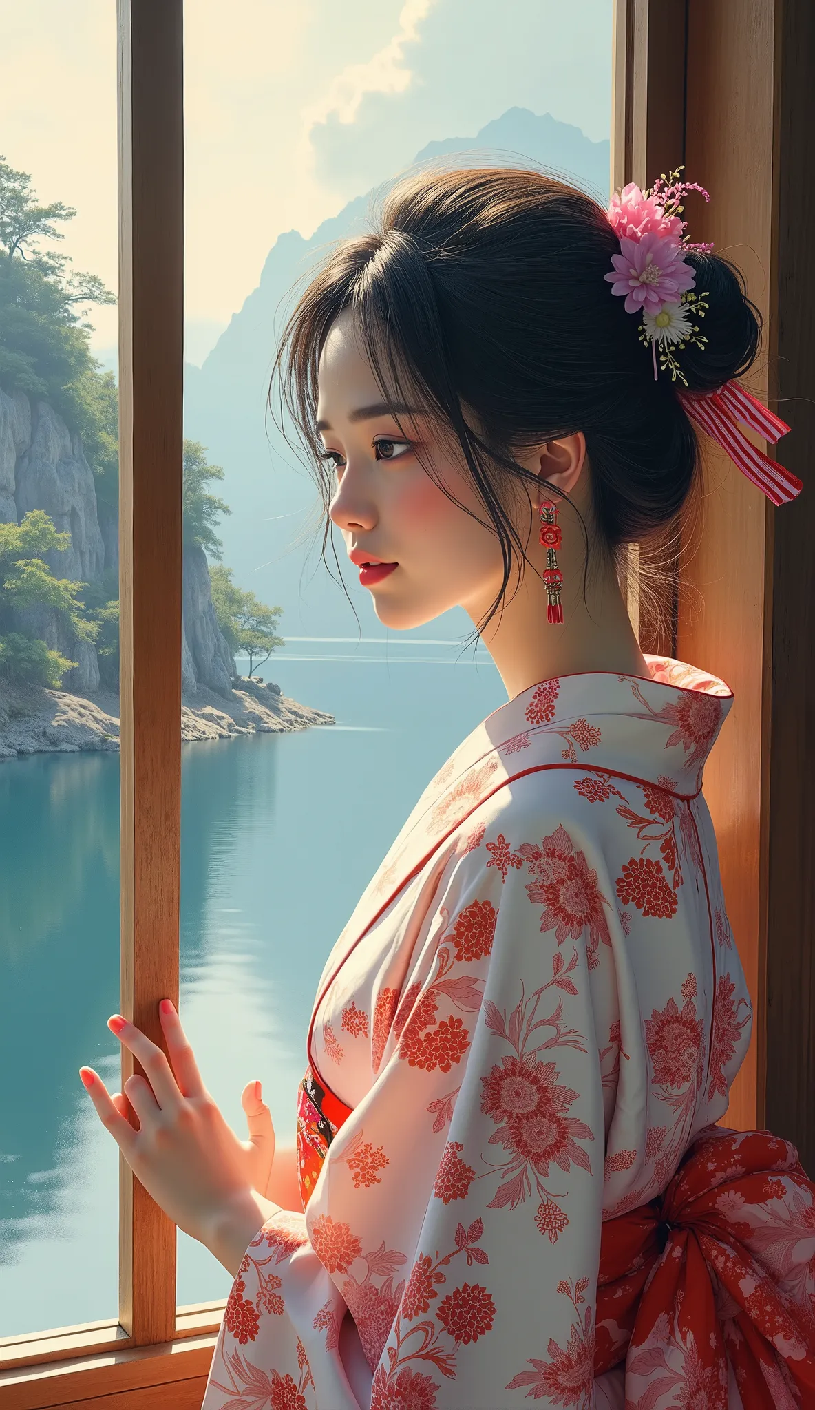 high resolution images 、 Oil ( 美しい 目 detailsなdetails、 detailsを見てください, multi-colored hair) 、Kimono that looks like a yukata 、 Woman looking at the lake outside the window 、 high resolution images 、 The Beauty of Kimonos 、 顔の details 、 masterpiece 、 Highes...