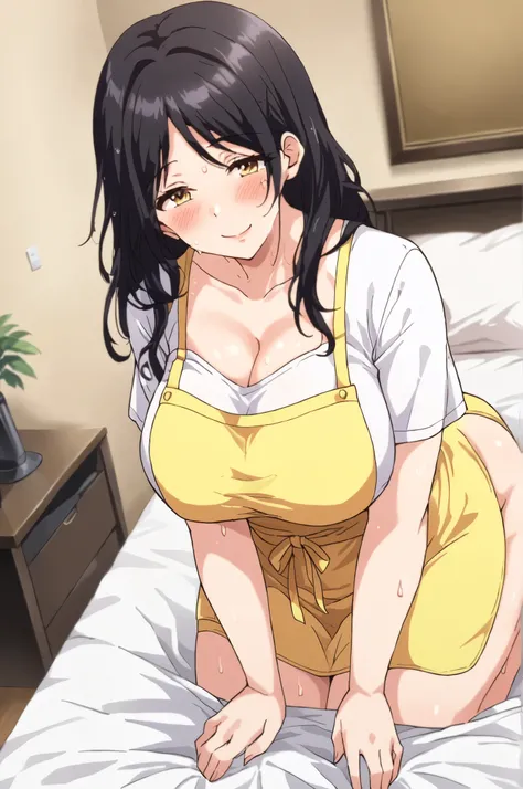 masterpiece, 4k, detailed, clarity, mature woman,  Sera's Mother, anime_source, source_anime, Best background, detailed background, anime, Sera's mother, tight black skirt, blush, clothed woman, mature female, collector, dark hair, Alone , yellow apron, wh...