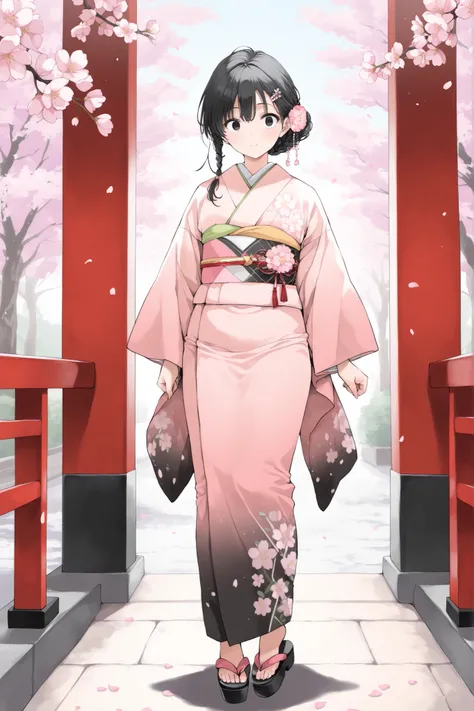 (Best quality), (Very beautiful), (Super detailed), (Best illustration), Iro tomesode, 1 woman, (female ), facing viewer, Whole body, braided hair, black hair, bun hair with a hairpin, upturned eyes, black eyes, ( body shape), kimono, stroll, cherry blosso...