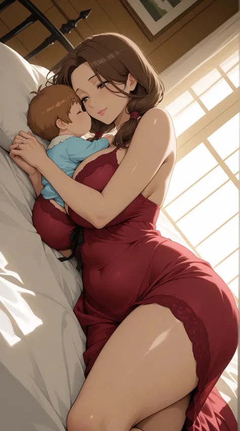 masterpiece, high score,  great score, Absurds, plano medio, housewife, young mother, Beautiful woman, adult woman, with the physiognomy of sakura cardcaptor, long brown hair with 2 long pigtails held by 2 red balls each, elegant, Trust, in good taste, pleading look, brown brown hair , flequillo sideways, for the medium bob, hermosos ojos verdes, fair skin, shiny skin, pink lips, nightgown largo rosa/nightgown, detailed background of modern bedroom, Bright colors, volumetric lighting, soft lighting, House background, looking at the baby, sideways, curvaceous and voluptuous body type, Curvy Beauty , big breasts, sexy waist, Slightly thin belly,  sexy hips, Big gigantic butt, thick thighs, wedding rings, lying in bed, in the bedroom, muchos juguetes in the bedroom, hand luggage toddler baby, Gently carry and hug toddler baby in mother arms, ((she is proud to be a mother/mother)), fully blanket on mother body, by day, indoor modern House background.