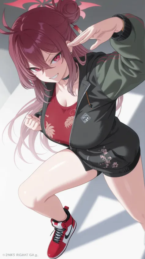 1 girl, Kayama Reijo ( Blue Archive ), smiling, happy, looking at viewer, masterpiece, best quality, high quality, smile, Ultra detailed, stunning visual cg, all body, dutch angle, bun, martial art pose, nike air jordan shoes, right arms