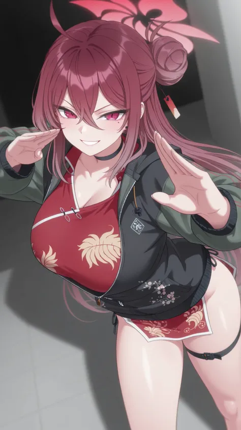1 girl, Kayama Reijo ( Blue Archive ), smiling, happy, looking at viewer, masterpiece, best quality, high quality, smile, Ultra detailed, stunning visual cg, all body, dutch angle, bun, martial art pose, right arms