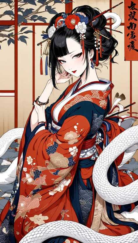Ukiyo-e,    super complex high definition   ,   beautiful traditional Japanese culture  ,  White Snake 、Enchanting Courtesans 、 Japanese Tattoos 、 anatomically accurate,  High Detail , 