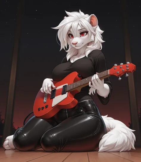 4k ultra quality, 4k full body view, masterpiece, best quality, anthro skaven with white fur, female, solo female, (smooth body), smooth body, messy white hair, leather pants, loose black shirt, red eyes, curvy modest hips, (full body), sitting on the floo...