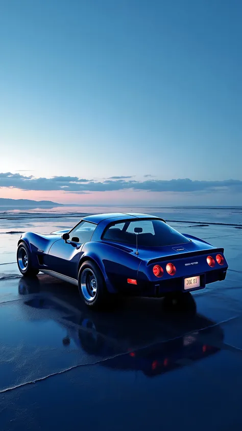 side view of a Chevrolet Corvette C3　glossy dark metallic blue reflecting the background 、 The blue of the sky at dawn、the coast making waves、is a fusion of the metallic blue of the car、fantastic、high-resolution downward,   number々award , masterpiece,  Pr...