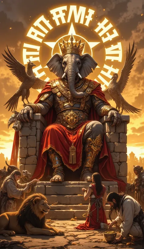Elephant King Addressing the Animal Nations”
Epic vertical portrait of a majestic elephant wearing golden royal armor and a flowing cape, standing on a massive stone throne. Lions, eagles, and wolves bow before him while humans serve food and clean the gro...