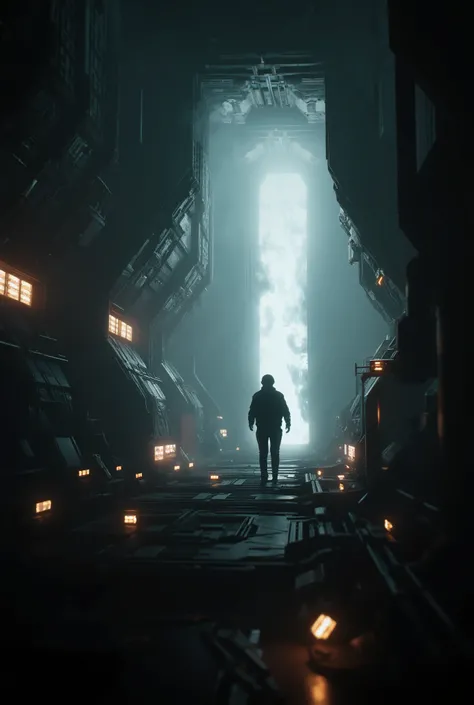 spaceship interior, flashing lights, fire, sparks, camera shaking, man walking out of ship, slow motion, scifi, ficção científica,
