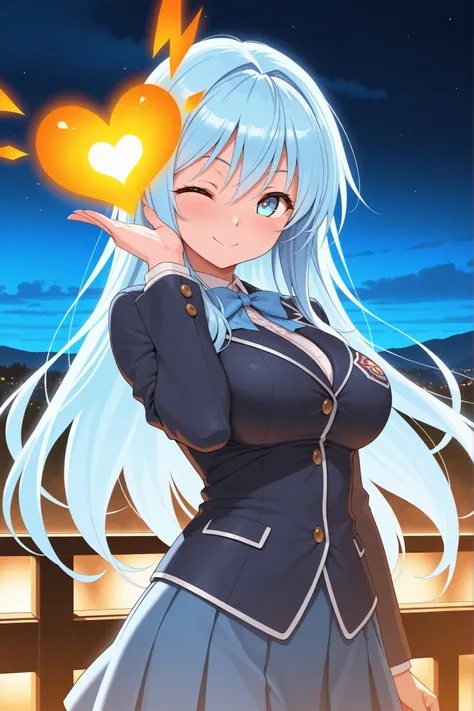 masterpiece,amazing quality,best quality,ultra-detailed,8K,illustration,CG,1girl,blue hair,long hair, light blue eyes,smile,large bust, night,blazer,one eye closed,energy heart marc