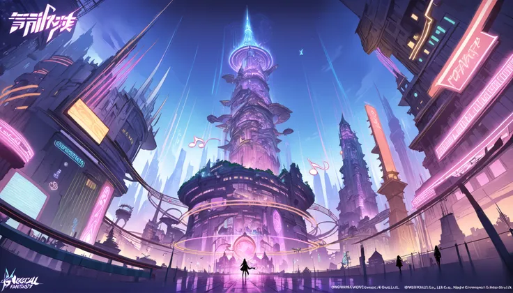 4k, highres, concept art, avant-garde, science-fantasy city, magical buildings, neon lights, musical notes, mystical, evening, two-point perspective, low angle, skyscrapers, tower