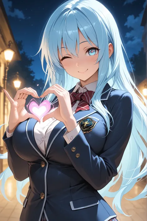 masterpiece,amazing quality,best quality,ultra-detailed,8K,illustration,CG,1girl,blue hair,long hair, light blue eyes,smile,large bust, night,blazer,one eye closed,energy heart marc