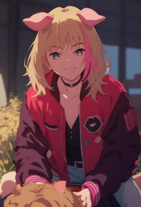 kawai rika,1girl,solo,smile,choker,blue eyes,streaked hair,pig Ears, jacket,multicolored_hair, pink hair,black choker,letterman jacket,long_sleeves, Girl on top, Farmers, barn is a great