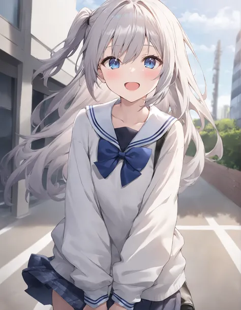 1 Girl, gray hair,Pink blue eyes school uniform, Big , open mouth , outdoor,wind, Game CG,,( masterpiece), (Best Quality), (ultra-fine), very aesthetic, illustration,super fine skin, shiny skin, ( masterpiece), (Best Quality), (ultra-fine), very aestheti...