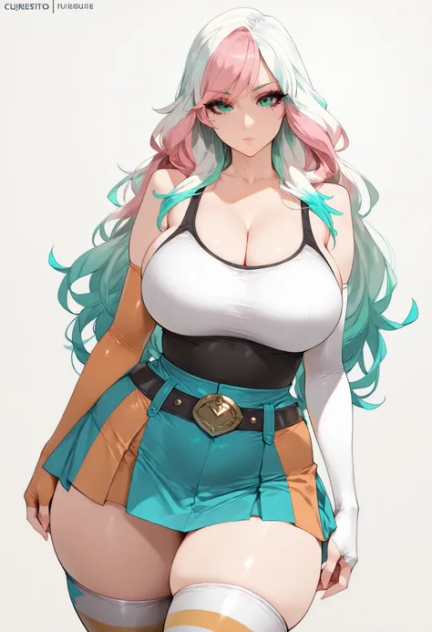 1girl, masterpiece, looking at viewer, facing viewer, cowboy shot angle, simple background, curvy body, long hair, eyelashes, green eyes, makeup, large breasts, thick hips, thick thighs, multicolored clothes, trans tank top, trans elbow gloves, belt, skir...