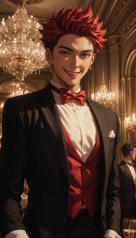 Man Wearing Tuxedo、Night party venue 、Hairstyle(two blocks)、 Gold、soft smile、first person view、 escort 、reach out、Red bowtie、opal cufflinks