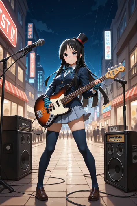 1 girl, akiyama mio, socks, striped, gloves, maid, uniform, listen!!, top hat, school uniform, blush, long hair, black eyes, mini hat, instrument, mini top hat, hat, sakuragaoka high school uniform, alternative hairstyle, skirt, moe moe kyun!, thigh highs,...