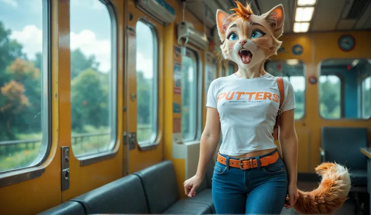 An orange fluffy anthropomorphic cat with a frantic expression, and an open mouth, as if they were screaming, When she clings to Zug's window on the outside. The train is clearly visible in the picture. This cat is wearing a tight black T-shirt and blue je...
