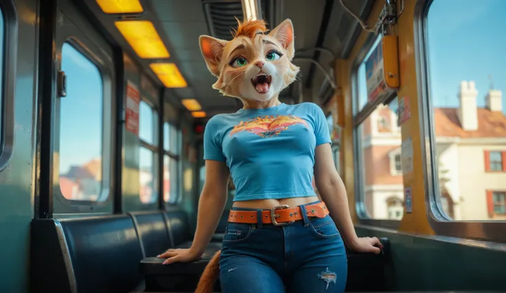 An orange fluffy anthropomorphic cat with a frantic expression, and an open mouth, as if they were screaming, When she clings to Zug's window on the outside. The train is clearly visible in the picture. This cat is wearing a tight black T-shirt and blue je...