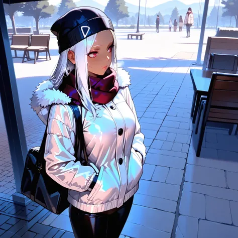 (masterpiece), (ULTRA HD) (clothing detail) (color palette) ((clothing color detail)) a girl, wearing winter clothes, fur jacket (cream jacket with gray fur collar), maroon scarf, black beanie, long silver white hair, dark skin, standing carrying her bag n...