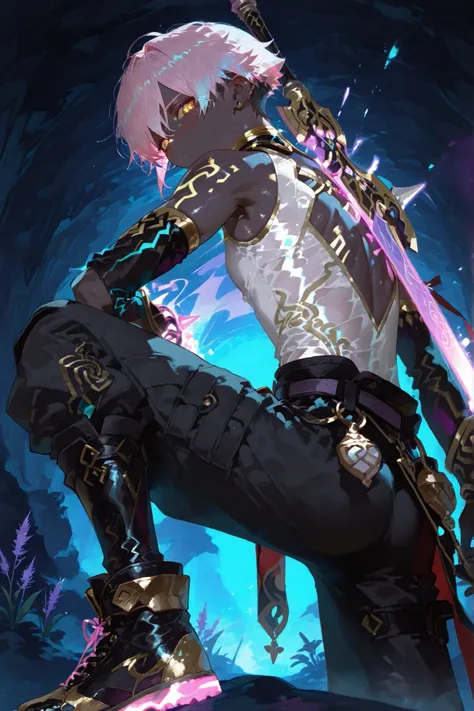 fantasy outfits, holographic, alternative-style. manly skinny tanned black skin boy mixed-race black skinned skinny young boy with freckles, glowing clear glossy wet shiny skin, short spiky lavender and salmon pink hair , black trimmed undercut taper sid...