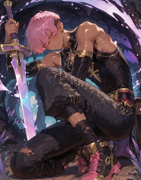 fantasy outfits, holographic, alternative-style. manly skinny tanned black skin boy mixed-race black skinned skinny young boy with freckles, glowing clear glossy wet shiny skin, short spiky lavender and salmon pink hair , black trimmed undercut taper s...