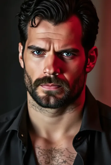 Detailed photo, hyper realistic, close up, muscular professional killer, 30 year old, shown head to toe in dark torture room, red light, angry, extremely hairy chest, rugged handsome traits, dark hair, square jaw, dark stubble, sculpted shoulders, gigantic...