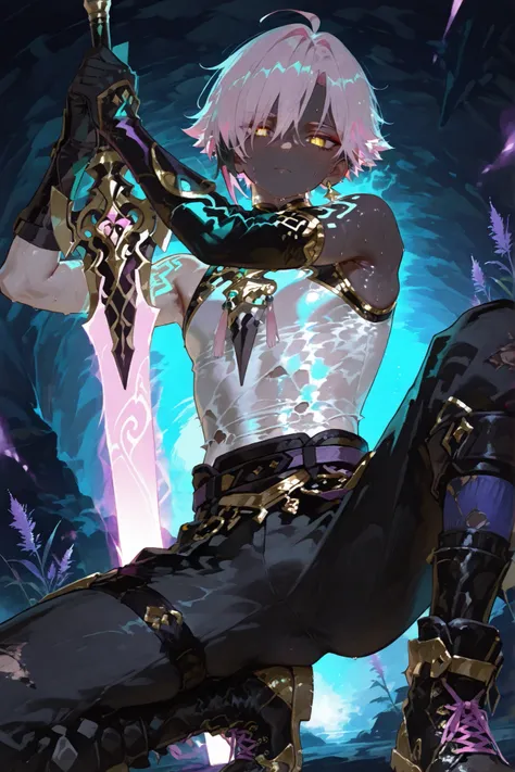fantasy outfits, holographic, alternative-style. manly skinny tanned black skin boy mixed-race black skinned skinny young boy with freckles, glowing clear glossy wet shiny skin, short spiky lavender and salmon pink hair , black trimmed undercut taper sid...
