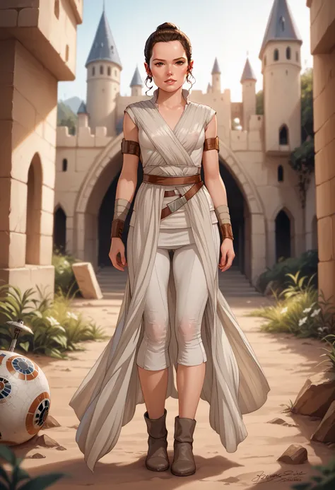 Rey, brown hair, brown eyes, natural small breasts, BREAK, sleeveless, jedi, see through white cloth, BREAK, (full body), looking at viewer, seductive, sexy pose, BREAK, outside a deserted medieval castle, BREAK, masterpiece, dramatic lighting, highly deta...