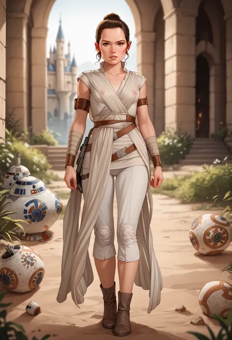 Rey, brown hair, brown eyes, natural small breasts, BREAK, sleeveless, jedi, see through white cloth, BREAK, (full body), looking at viewer, seductive, sexy pose, BREAK, outside a deserted medieval castle, BREAK, masterpiece, dramatic lighting, highly deta...