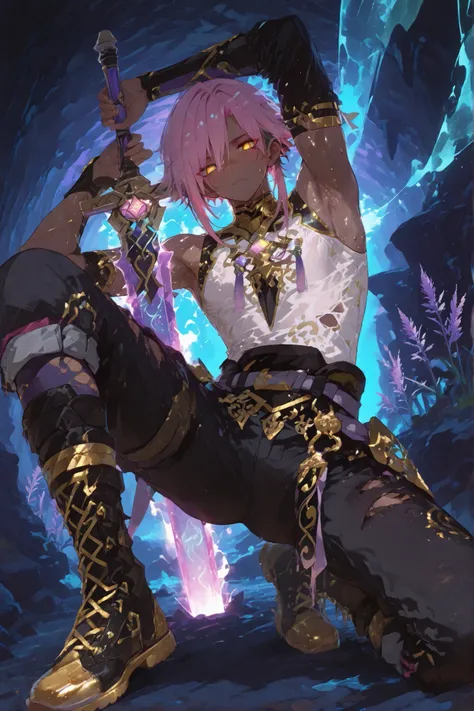 fantasy outfits, holographic, alternative-style. manly skinny tanned black skin boy mixed-race black skinned skinny young boy with freckles, glowing clear glossy wet shiny skin, short spiky lavender and salmon pink hair , black trimmed undercut taper sid...