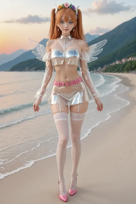 NSFW,long hair, orange hair, wing hair ornament, two side up, hair between eyes, blue eyes,liliel default, crop top, white shirt, underboob, long sleeves, wings, midriff, navel, pink belt, miniskirt, garter straps, white thighhighs, pink heels,1 girl,(Japa...