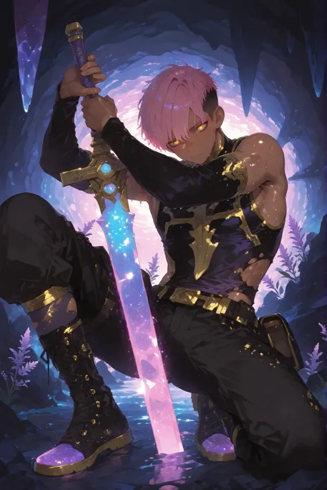 fantasy outfits, holographic, alternative-style. manly skinny tanned black skin boy mixed-race black skinned skinny young boy with freckles, glowing clear glossy wet shiny skin, short spiky lavender and salmon pink hair , black trimmed undercut taper sid...