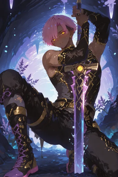 fantasy outfits, holographic, alternative-style. manly skinny tanned black skin boy mixed-race black skinned skinny young boy with freckles, glowing clear glossy wet shiny skin, short spiky lavender and salmon pink hair , black trimmed undercut taper sid...