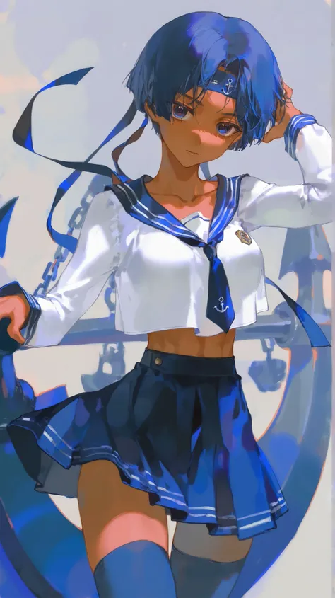 zoomed in, solo, 1girl, z3zz4, (ciloranko:0.8), rei \(sanbonzakura\), dino \dinoartforame\), dynamic posing, sailor theme, anchor accessory, academy uniform, thigh highs, stockings, extreme foreshortening, extreme perspective, cinched waist, navy blue head...