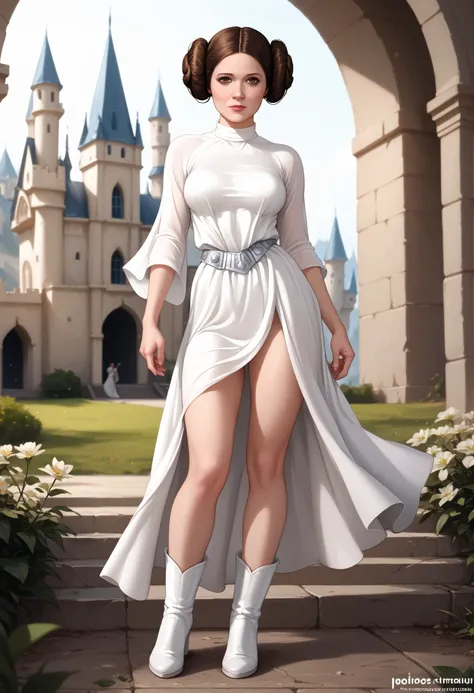 princessleia, brown hair, hair buns, brown eyes, natural medium breasts, BREAK, white dress, belt, white boots, BREAK, (full body), looking at viewer, seductive, sexy pose, BREAK, outside a deserted medieval castle, BREAK, masterpiece, dramatic lighting, h...