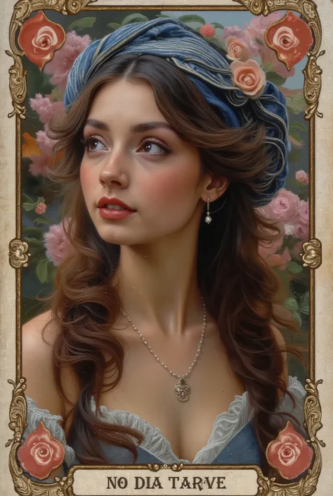 A game card about: Tarot Card design about Game cards: Tight frame captures her ivory profile, Animal Butler, looking up, headwrap’s cobalt spirals dissolving into a dreamlike wash of William Morris-style florals. Animal Butler, Lorek’s hyperrealism render...