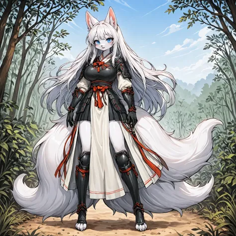 fox white female , kemono , furry , white long hair , Sky Blue eyes , slim , big breasts , two fluffy tails , cute , long legs, 1 person , watertight eyes , General , korean forest , fur white , Hanbok i'm in the armor and , black armor style korean , legs...