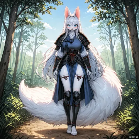 fox white female , kemono , furry , white long hair , Sky Blue eyes , slim , big breasts , two fluffy tails , cute , long legs, 1 person , watertight eyes , General , korean forest , fur white , Hanbok i'm in the armor and , black armor style korean , legs...
