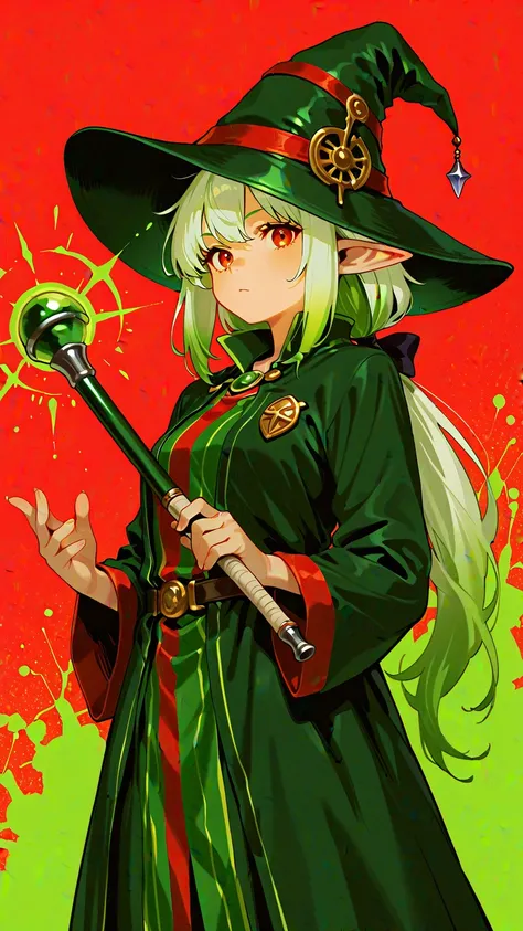 Misalind,(very aesthetic),Slim face,girl,solo,Magic Musketeer,green髪,薄red髪,green髪,tricolor hair,Long Low Ponytail,BREAK,(green,red,green,Wizard,Musician,detailed 2 combined multicolor costume:1.2),BREAK,詳細な十字型green紫の目,musical hat,musical baton,(The curvy :1.2),BREAK,(Isekai School Background:1.25),(perfect anatomy),Flat Angle,