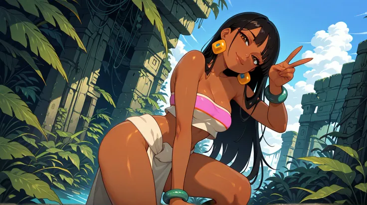 highres, hi res, best quality, masterpiece,
1girl, medium breasts, (ChelXL:1.1), long hair, black hair, bangs, brown eyes, dark skin, lips, earrings, tube top, strapless, midriff, bracelet, loincloth, pelvic curtain,
light smile, dutch angle, naughty pose,...