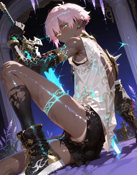   fantasy  outfits,  holographic, alternative-style. manly skinny tanned black skin boy mixed-race black skinned skinny young boy with freckles, glowing clear glossy wet shiny skin, short spiky lavender and salmon pink hair , black trimmed undercut taper s...