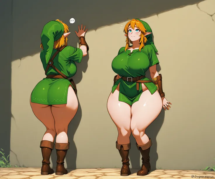 Female Link sneaking, back against a wall, wearing green tunic and long green cap,  she is looking up at something, hard nips, no pants, pantless, leather boots, leather vambraces, goregous,  wide hips, narrow waist, big full breasts, powerful thighs, nerv...