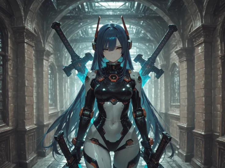 Highest Quality　masterpiece　final　SF　Molecular Blade　near future　war　Blue Hair Long Straight　Mechanical Girl　Dual Swords