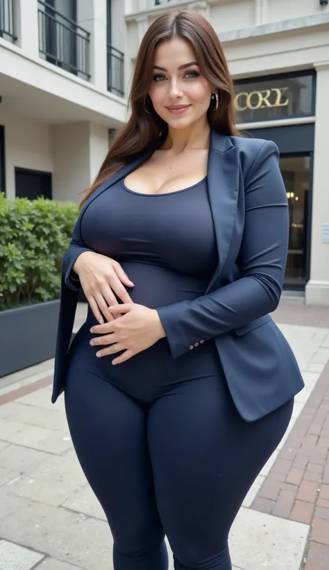 55 year old mature older woman, Morrigan Aensland, PREGNANT WOMAN WITH A BIG BODY WITH A BIG SWALF ,モダンな高級ダークネイビーのビジネススーツ着たセクシーな55 year old mature older womanが建物の前に立っています, brown hair and a perfect body that was licked for a long time, Town Street, MOM TYPE...