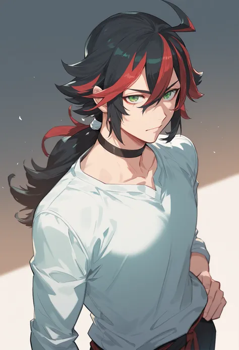 1boy, masterpiece, looking at viewer, facing viewer, cowboy shot angle, simple background, masterpiece, best quality, Heizou, green eyes, hair between eyes, bangs, ahoge, red hair, black hair, multicolored hair, streaked hair, long hair, ponytail, low pony...