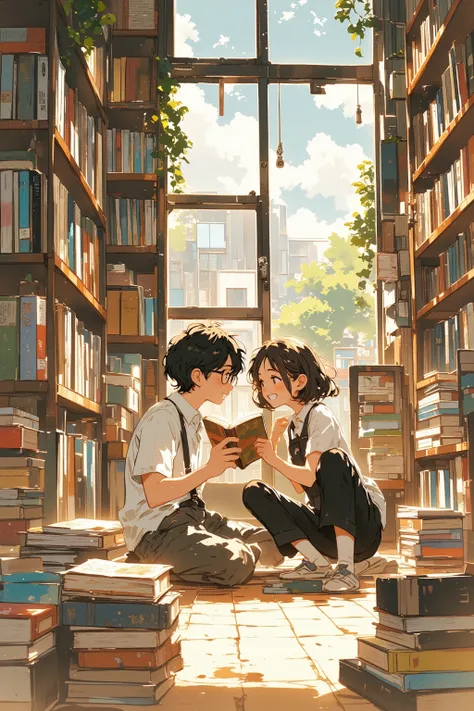 a high school boy with glasses sitting on the floor in a cozy secondhand bookstore, reading a book with focused eyes,
beside him, a high school girl with short hair and a boyish style leans in teasingly, holding a book playfully in front of his face with...